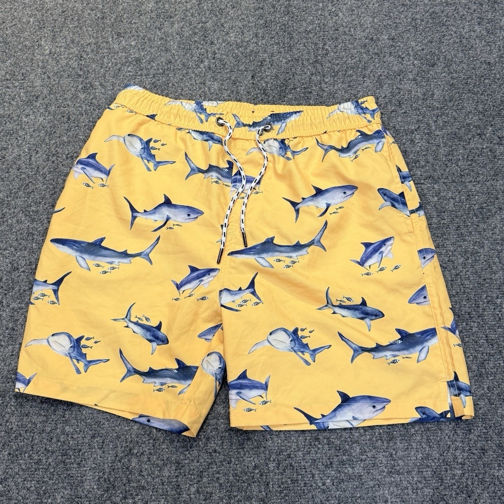 Snapper Rock Mens Shark Print‎ Swim Trunks Yellow Blue Board Shorts Small Pocket